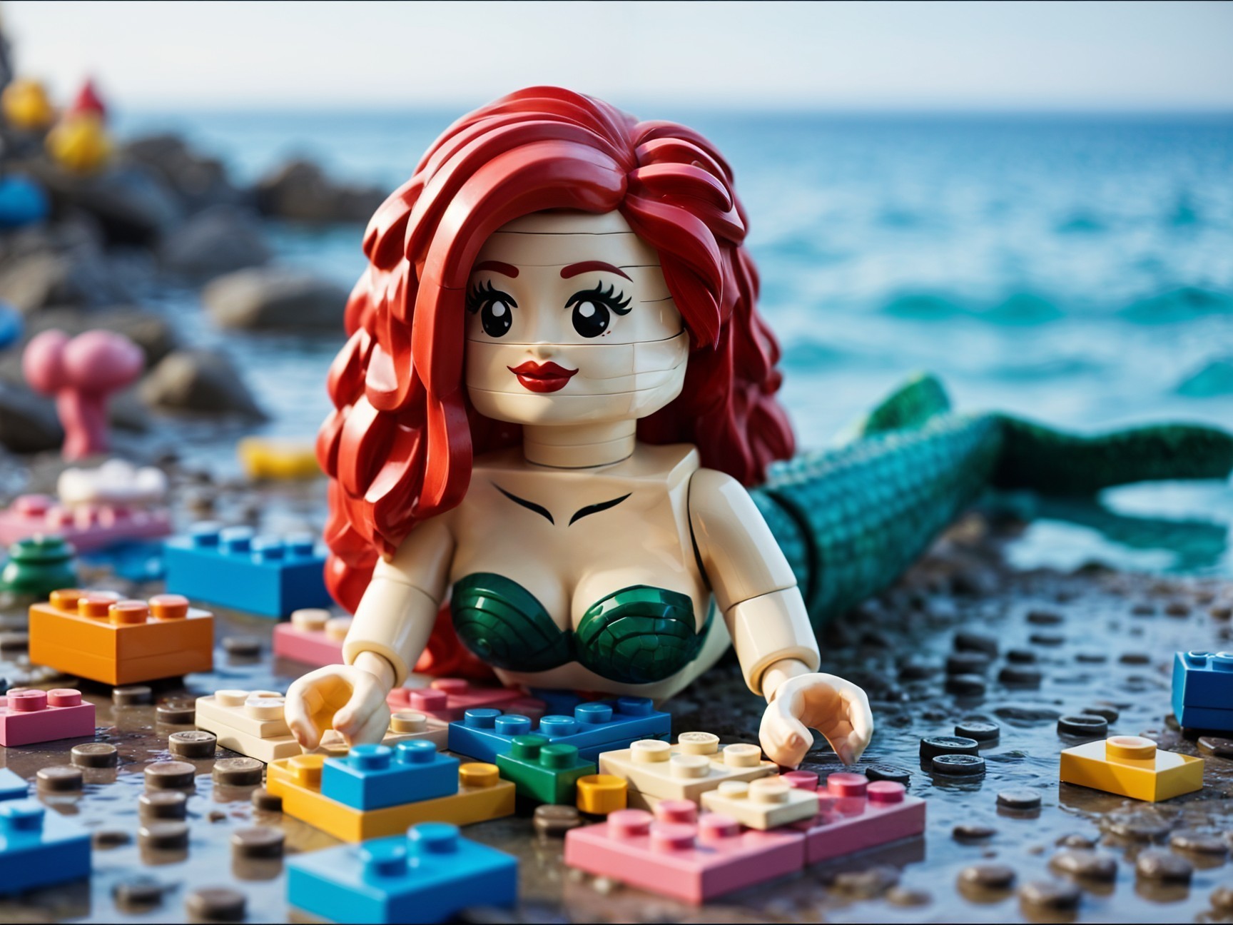 Vibrant Lego Mermaid on Rocky Shore with Colorful Bricks