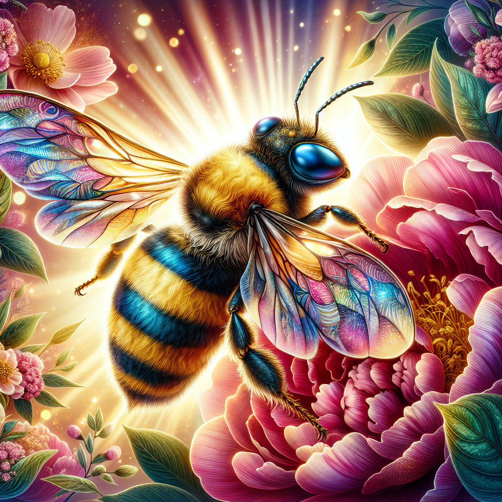 Colorful Illustration of a Bee Hovering over Peony