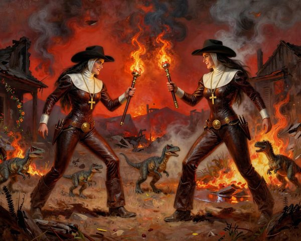 Identical Women in Cowboy-Nun Outfits Amid Flames