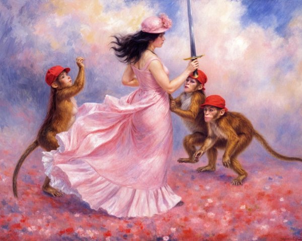 Whimsical Scene of Woman in Pink Dress with Monkeys