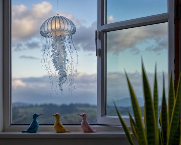 Whimsical Jellyfish Light and Colorful Bird Figurines