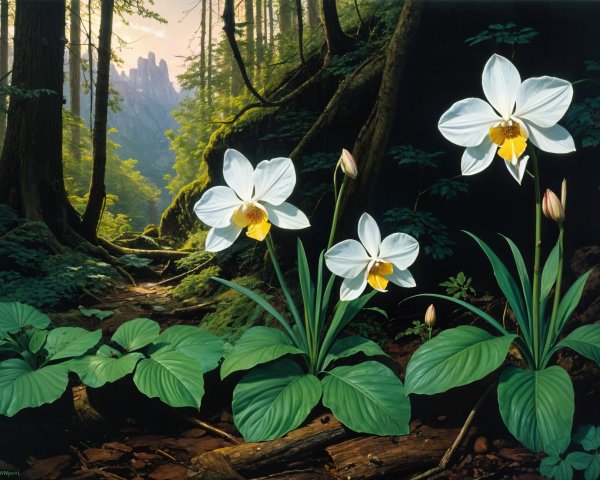 Vibrant Orchids in a Serene Forest Landscape