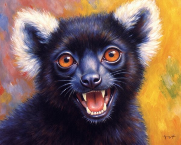 Vibrant Painting of a Black-and-White Ruffed Lemur