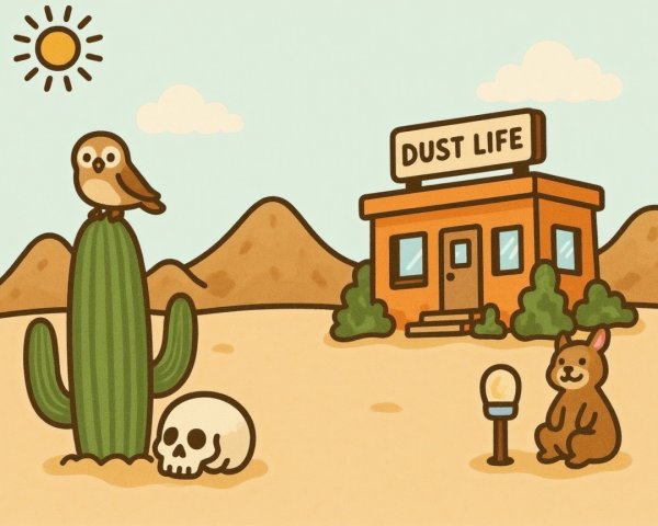 Colorful Desert Scene with Owl, Cactus, and Bear