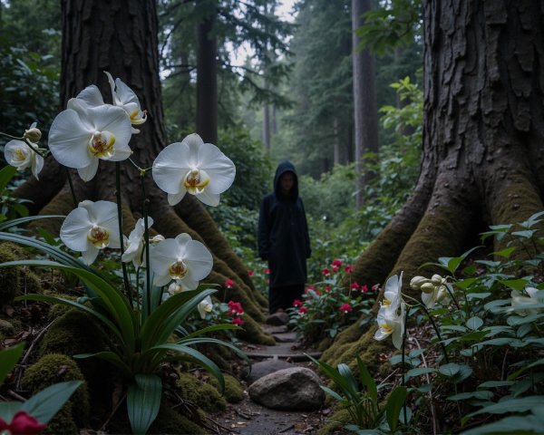 Serene forest path with vibrant flowers and mystery