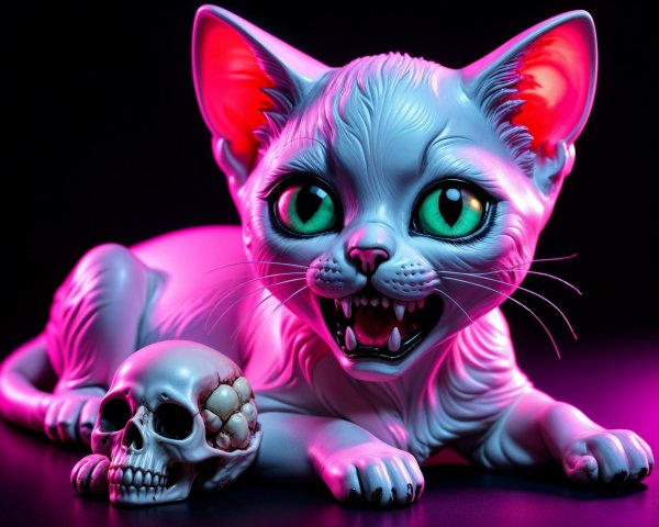 Anthropomorphic cat with vibrant fur and skull detail