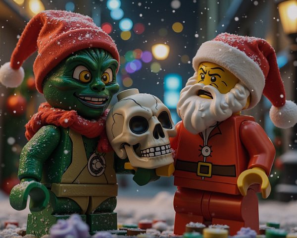 Mischievous Creature in Santa Hat Presents Skull in Snow