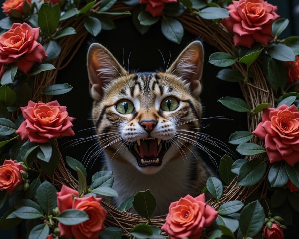 Cat with Green Eyes Peeking Through Rose Wreath