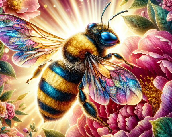 Colorful Illustration of a Bee Hovering over Peony