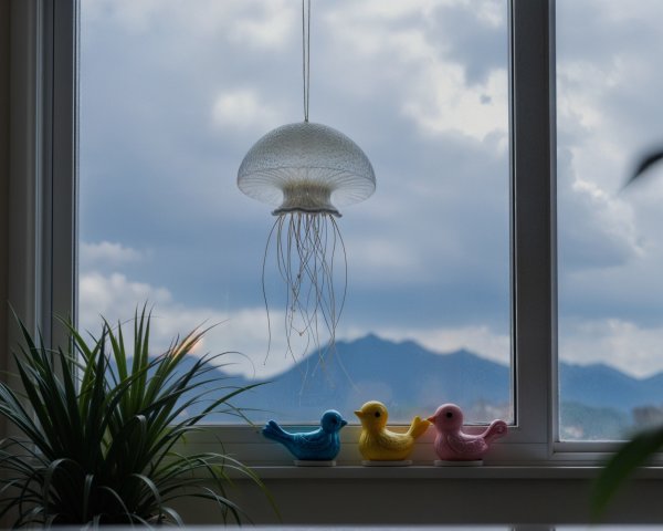 Translucent Jellyfish Light with Colorful Bird Decor
