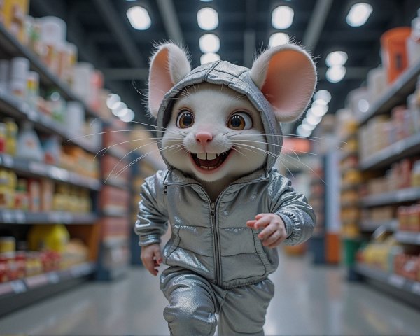 Cartoon White Mouse in Silver Tracksuit at Grocery Store