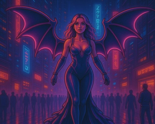 Neon Cityscape with Winged Figure in Ethereal Glow