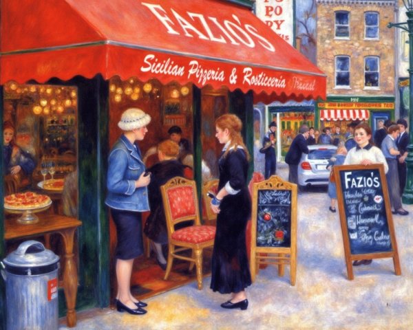 Bustling Street Scene at Vintage Sicilian Pizzeria