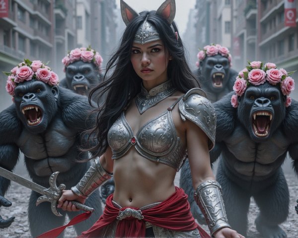 Fierce warrior in silver armor with gorillas behind