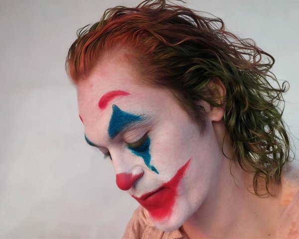 Close-up of a person in Joker-inspired clown makeup