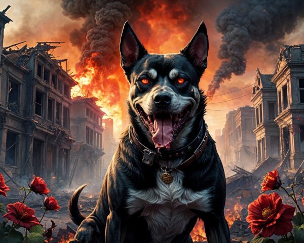 Post-Apocalyptic Scene with Dog and Ruined City