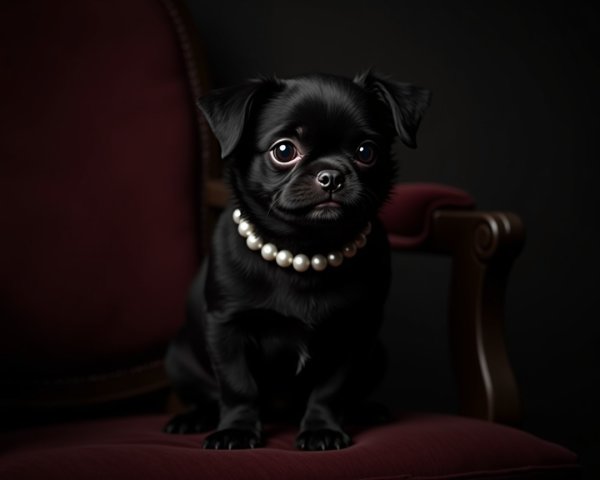 Elegant Black Dog with Pearl Necklace on Upholstered Chair