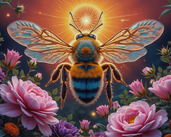 Vibrant Bee Above Blooming Roses in Lush Garden