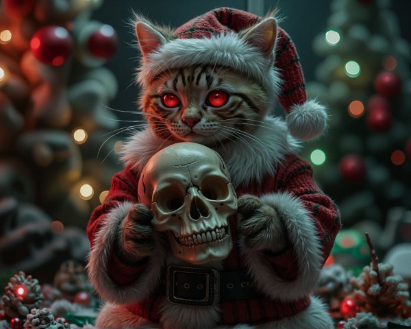 Cat in Santa Outfit with Skull in Festive Scene