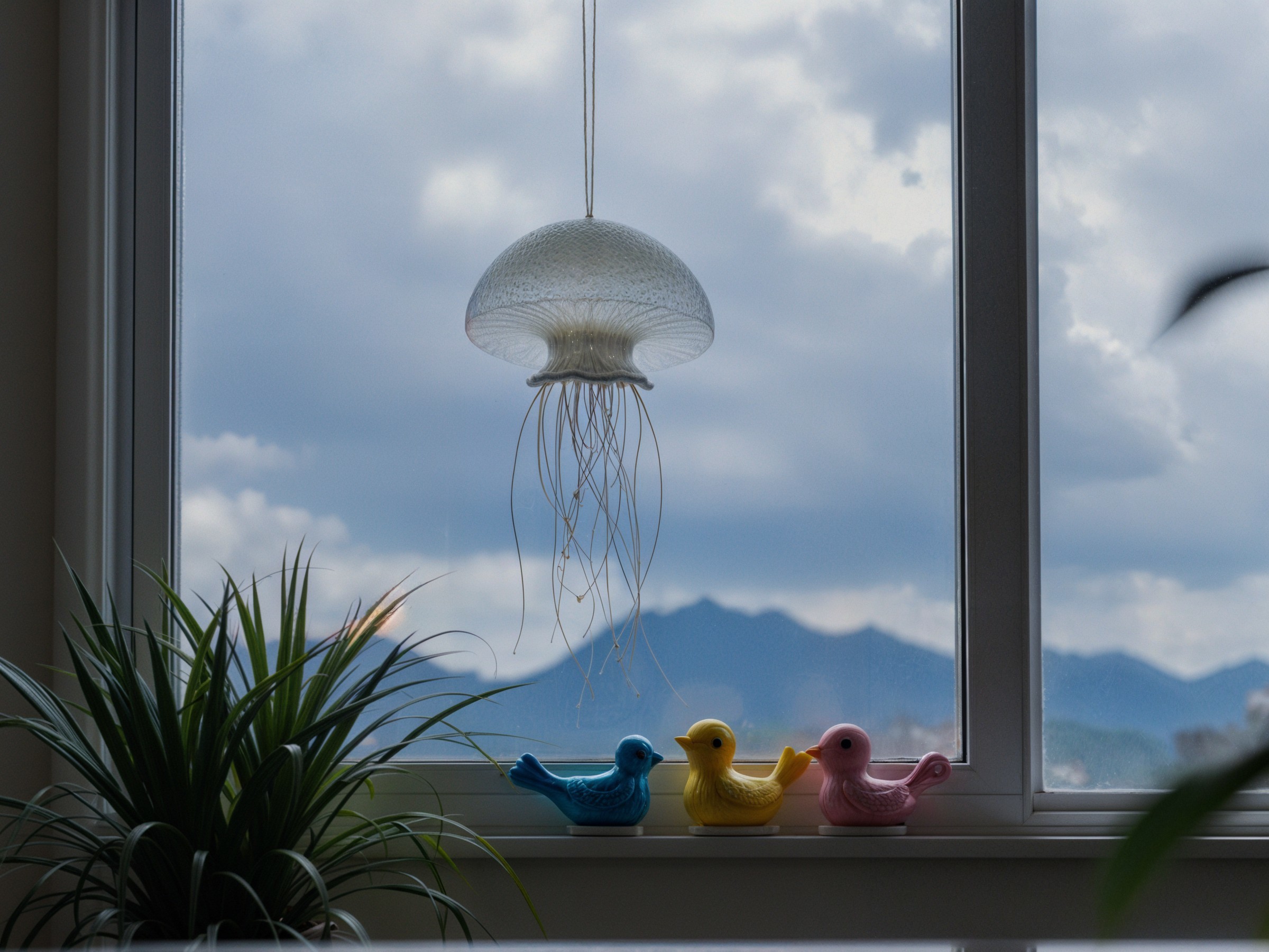 Translucent Jellyfish Light with Colorful Bird Decor