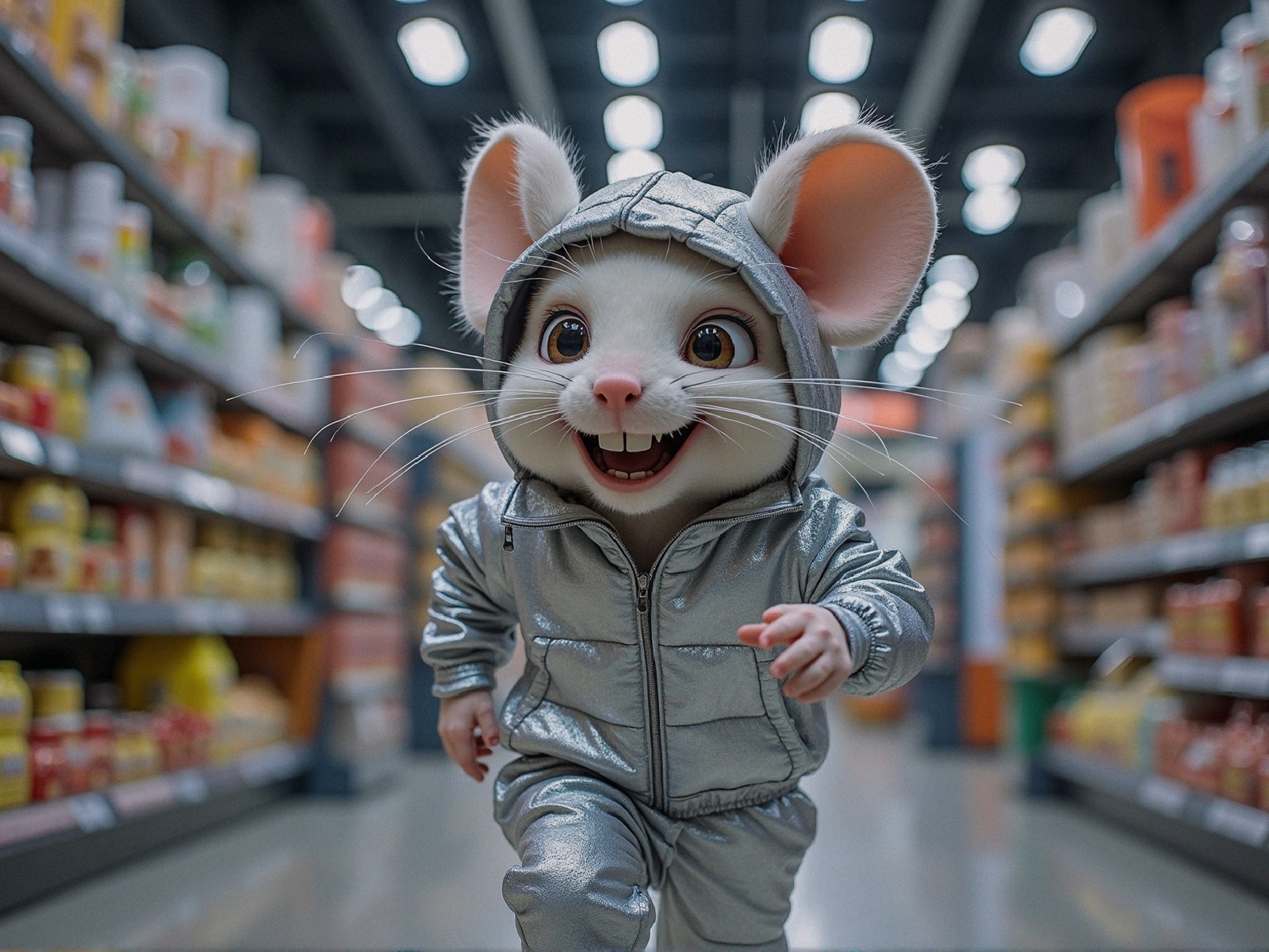 Cartoon White Mouse in Silver Tracksuit at Grocery Store
