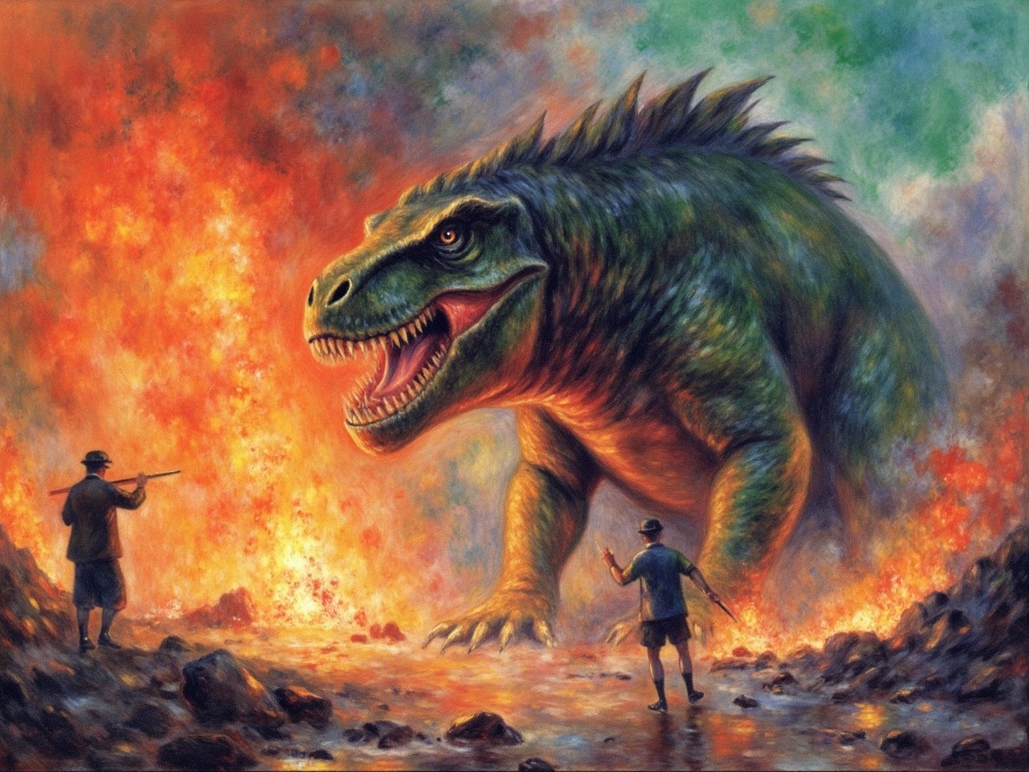 Dinosaur and Hunters in Fiery Landscape Scene