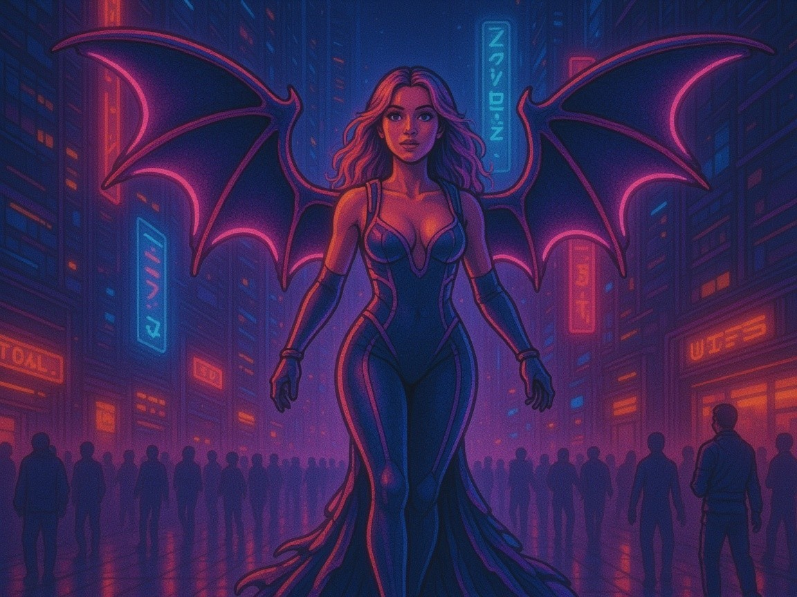 Neon Cityscape with Winged Figure in Ethereal Glow