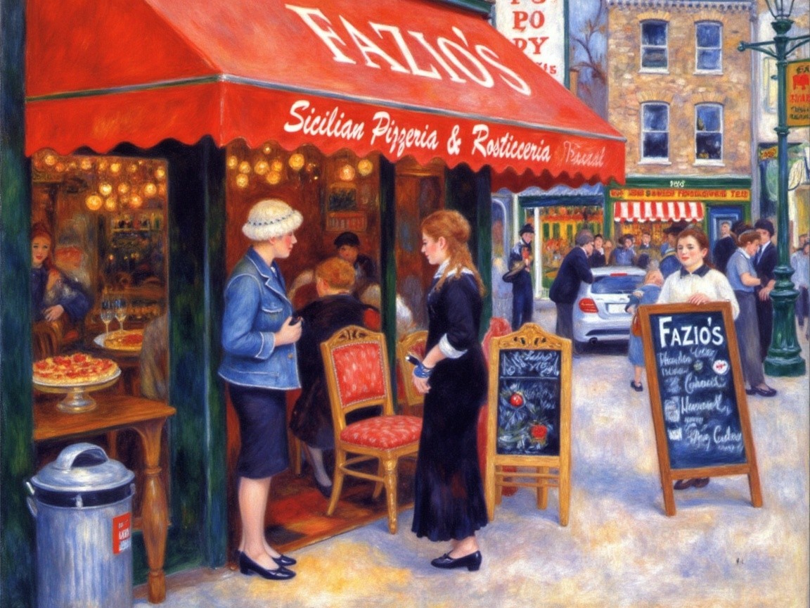 Bustling Street Scene at Vintage Sicilian Pizzeria