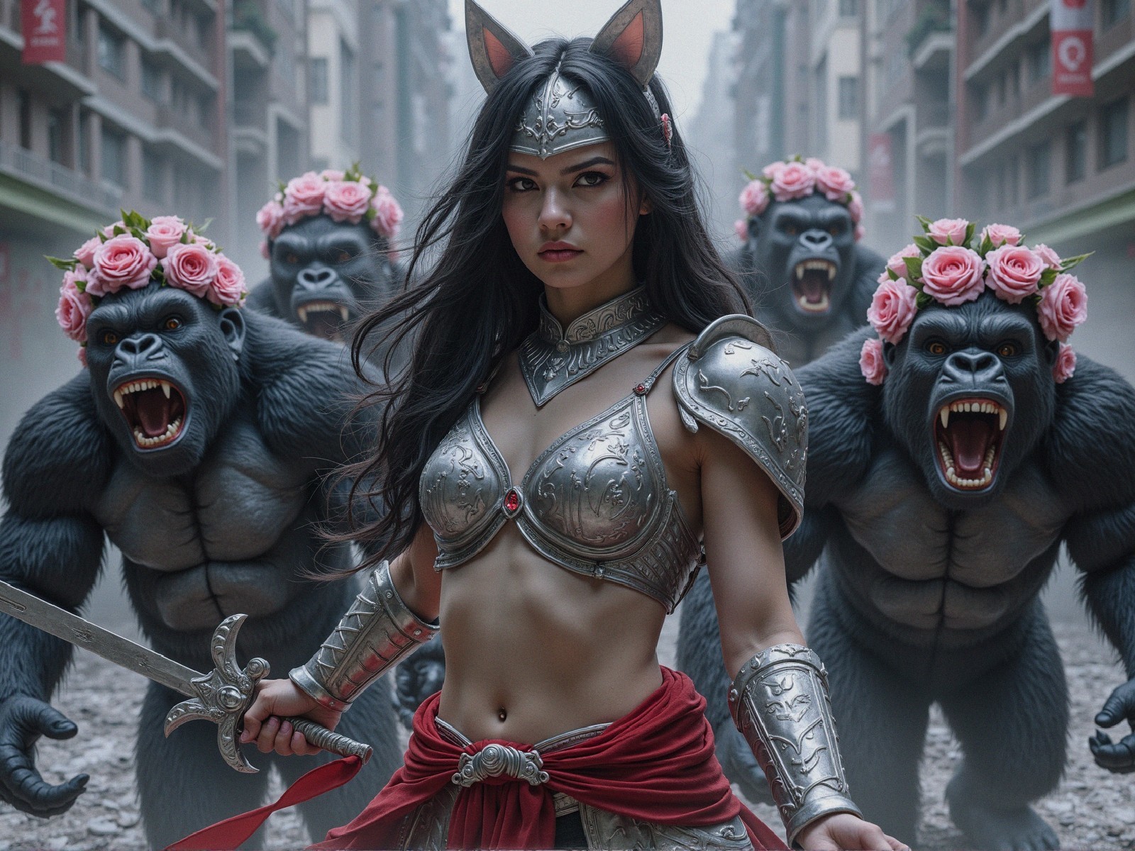 Fierce warrior in silver armor with gorillas behind