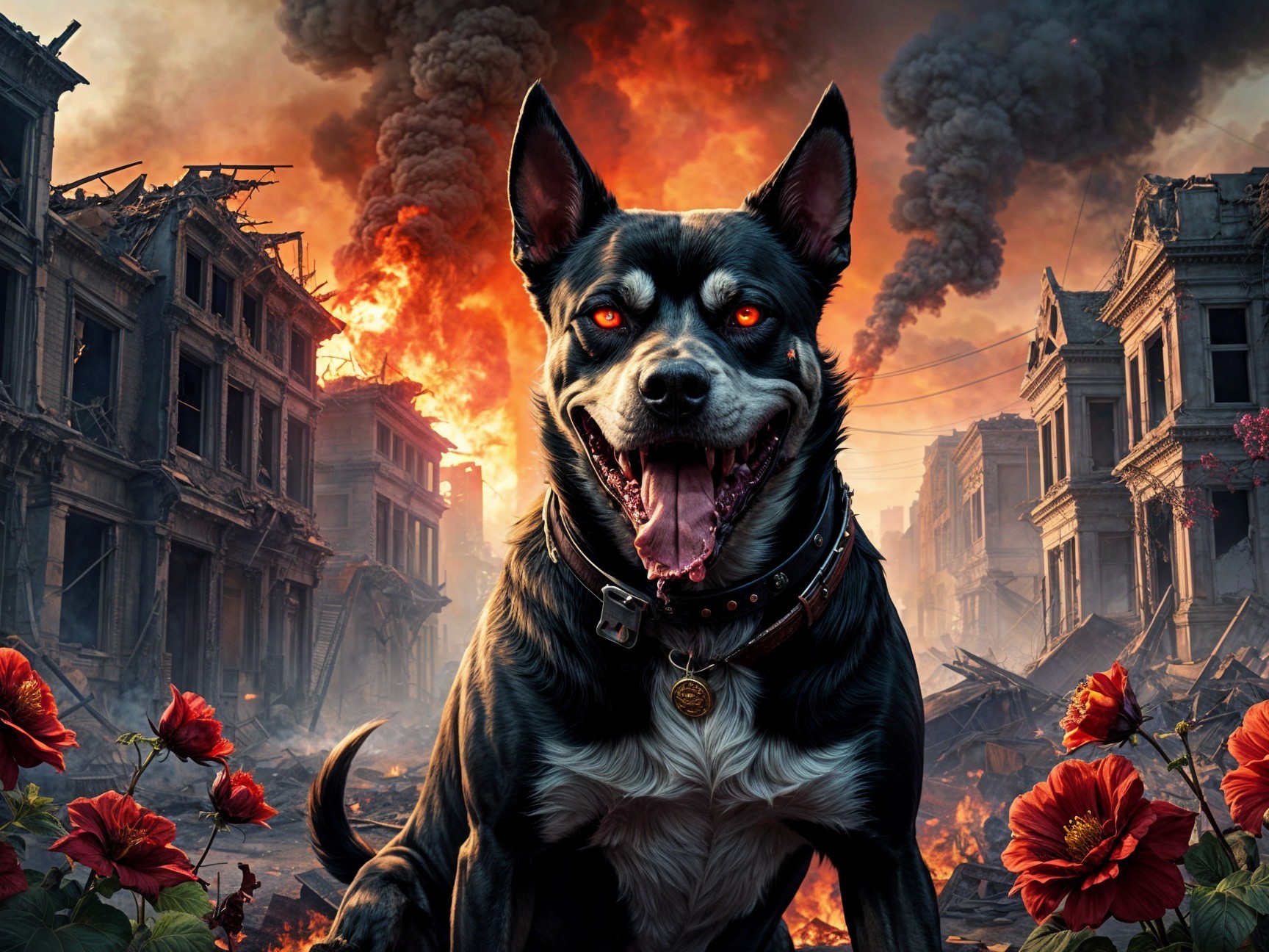 Post-Apocalyptic Scene with Dog and Ruined City