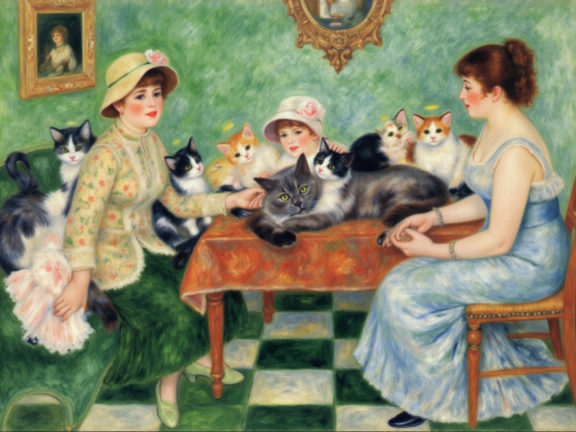 Elegant Women Dining with Playful Cats in Colorful Setting