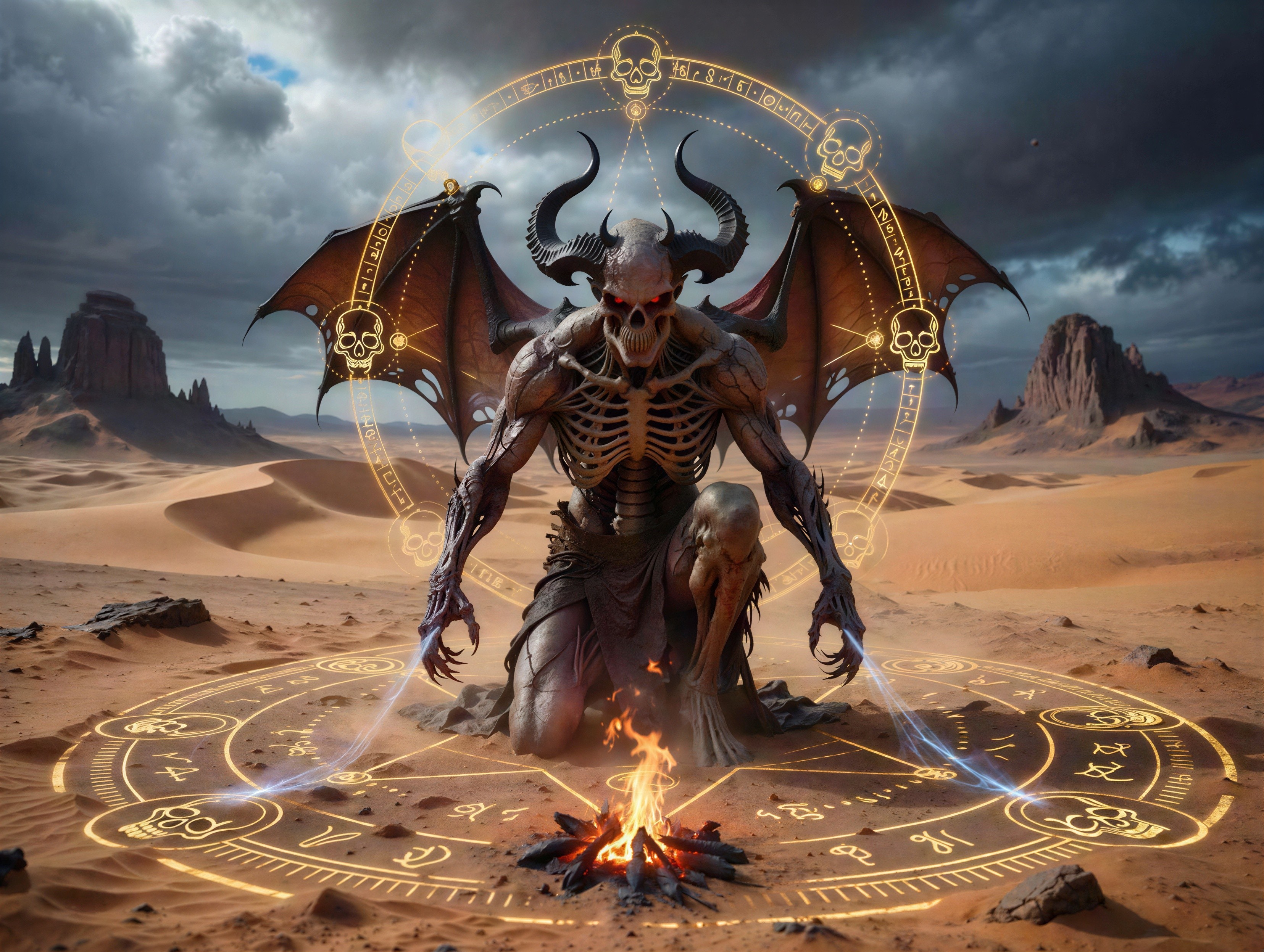 Skeletal Demonic Creature in Desert with Magical Symbols