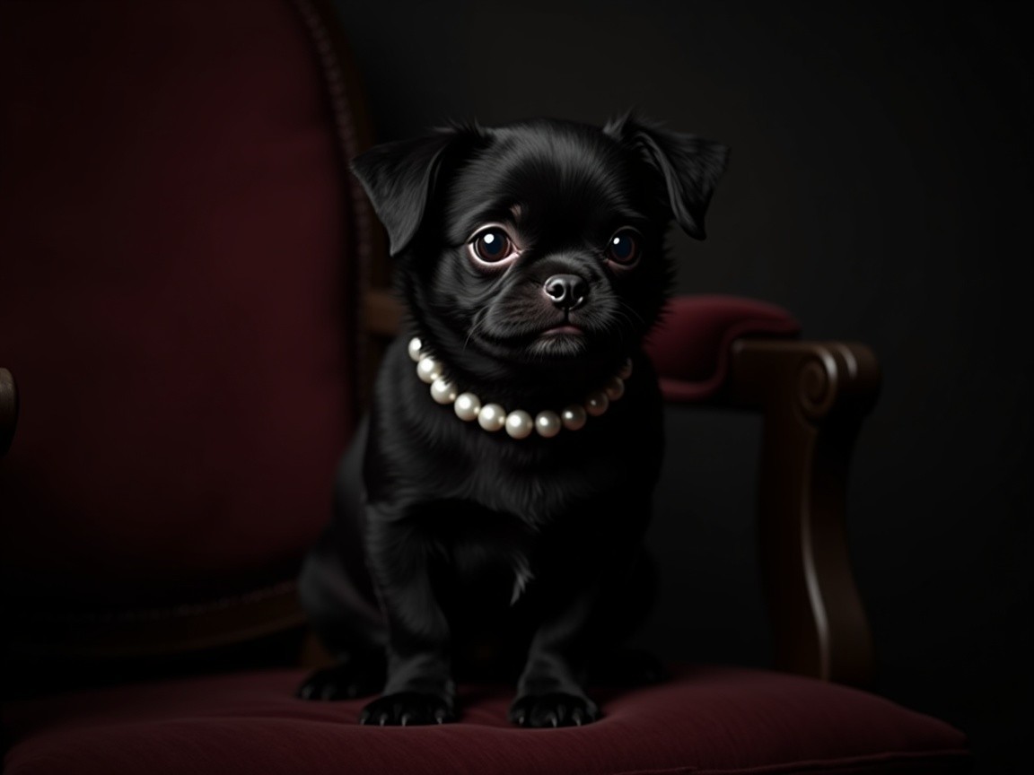 Elegant Black Dog with Pearl Necklace on Upholstered Chair