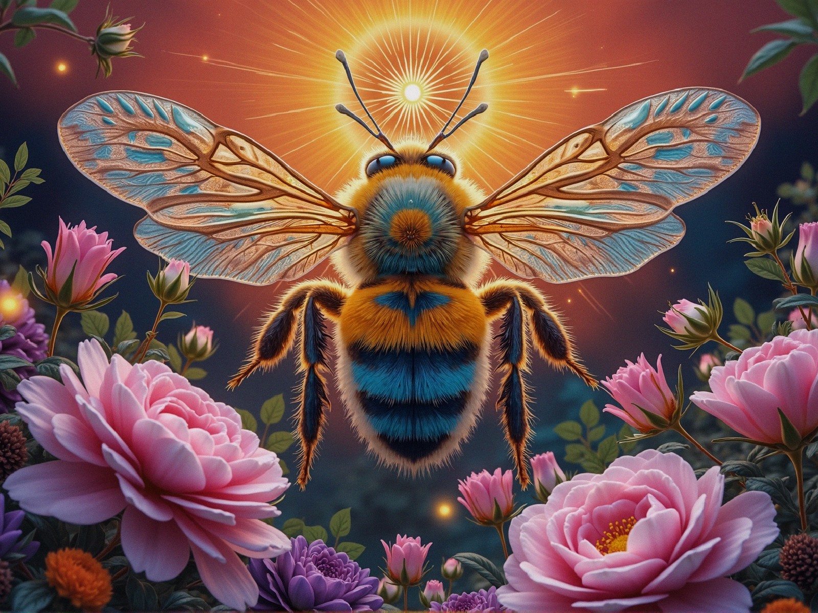 Vibrant Bee Above Blooming Roses in Lush Garden