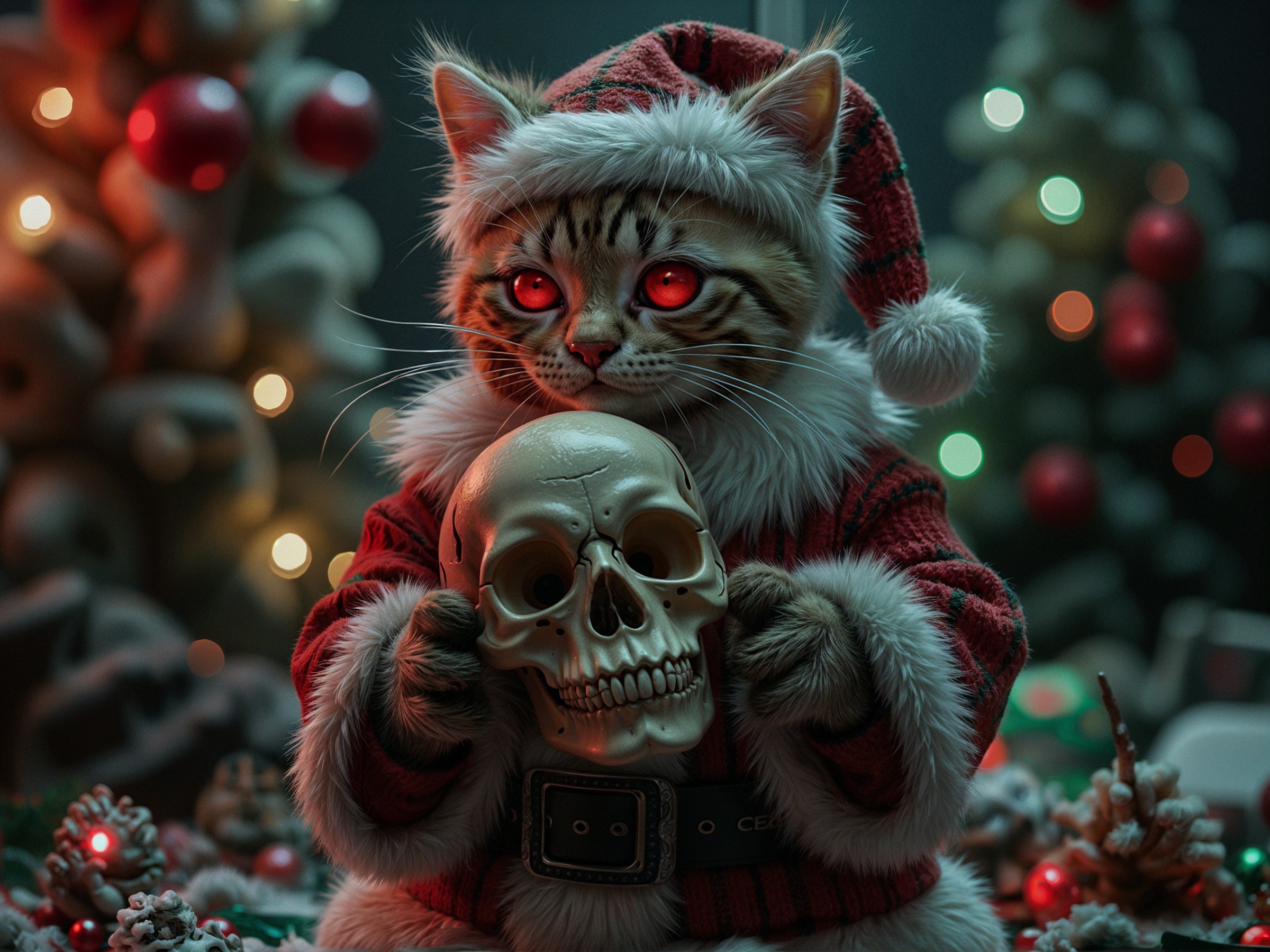 Cat in Santa Outfit with Skull in Festive Scene