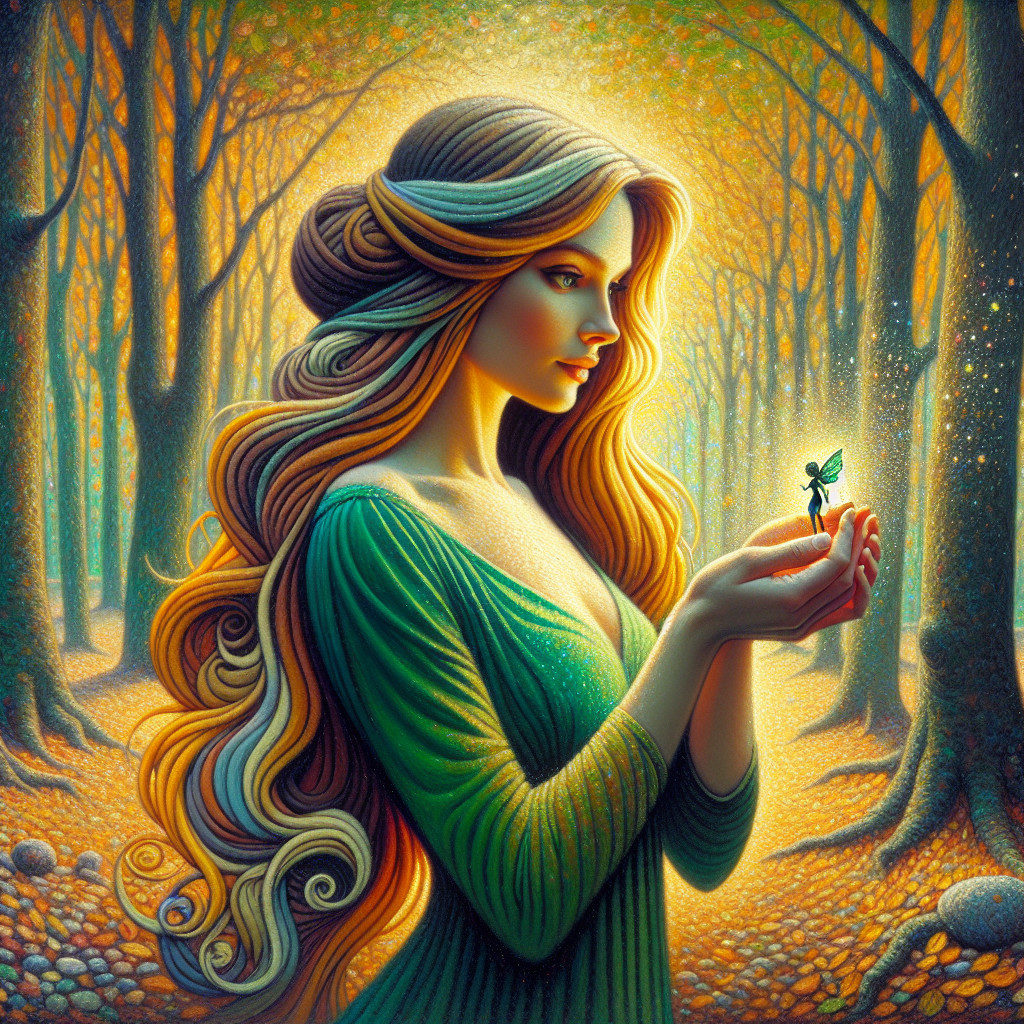 Woman in Green Gown Holding a Tiny Sprout in Forest