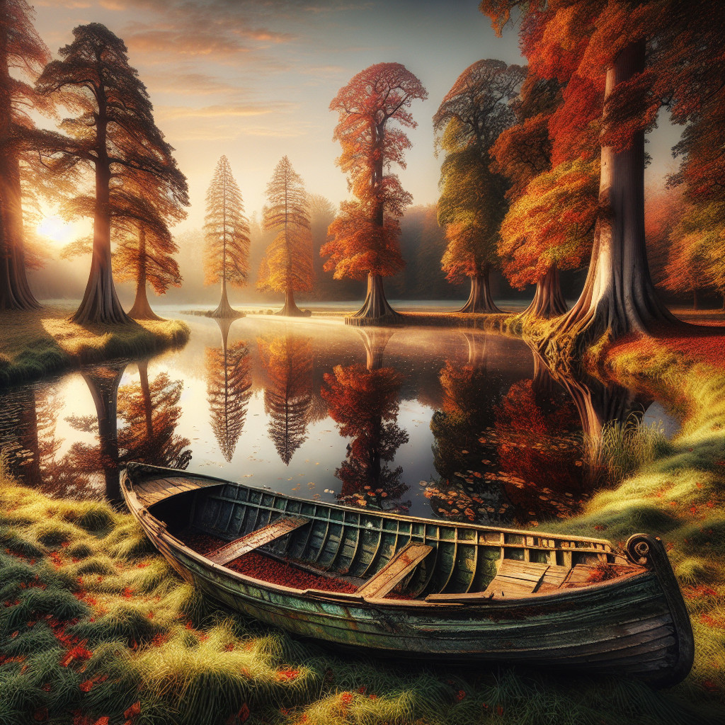 Tranquil Dawn Landscape with Boat and Autumn Trees