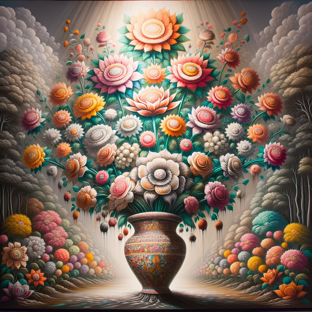Vibrant Still Life with Ornate Vase and Colorful Flowers