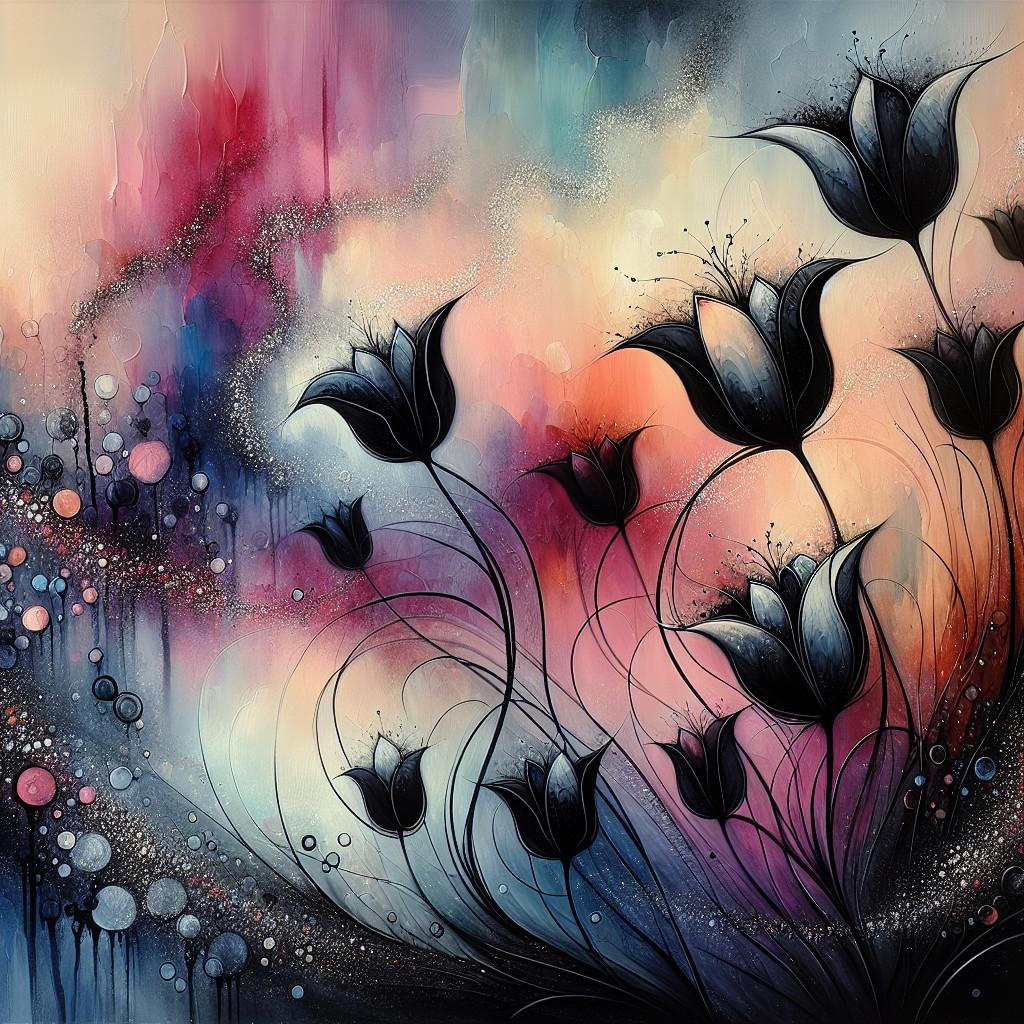 Abstract Floral Artwork with Black Flowers and Colorful Background