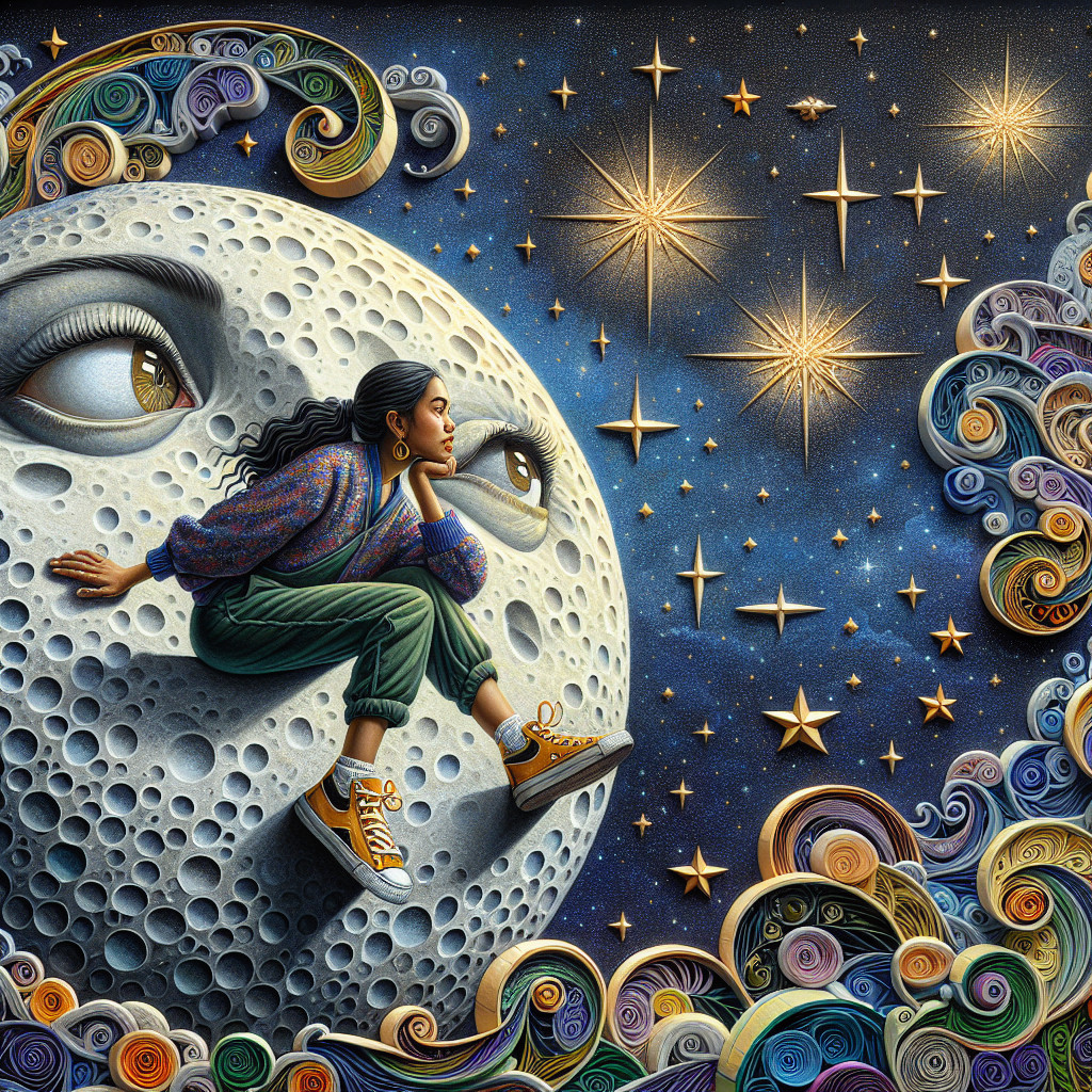 Surreal Scene of Woman on Crescent Moon with Stars