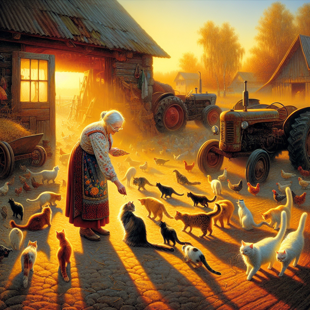 Elderly Woman Feeds Cats and Chickens in Rural Setting