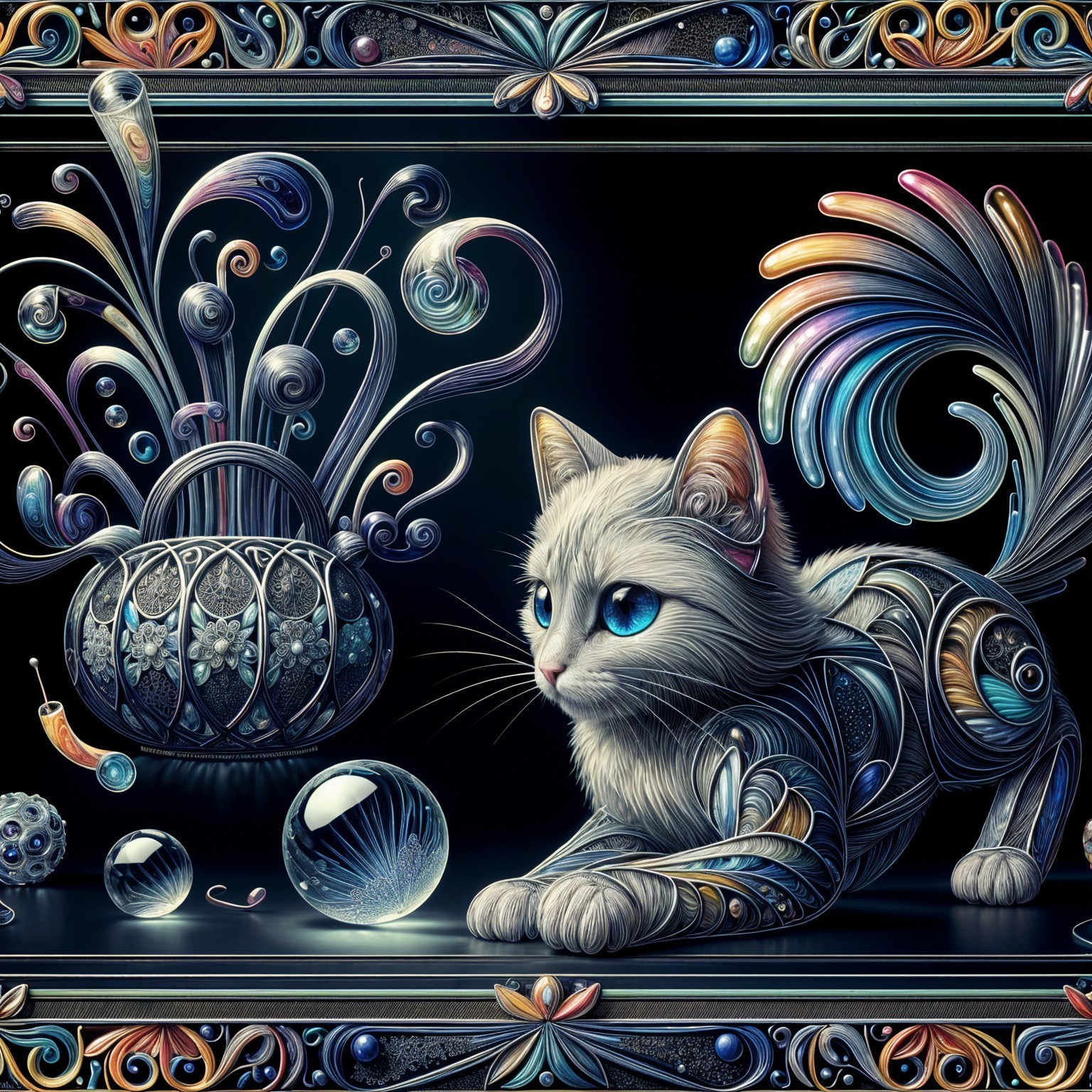 Fluffy White Cat with Colorful Patterns and Vase