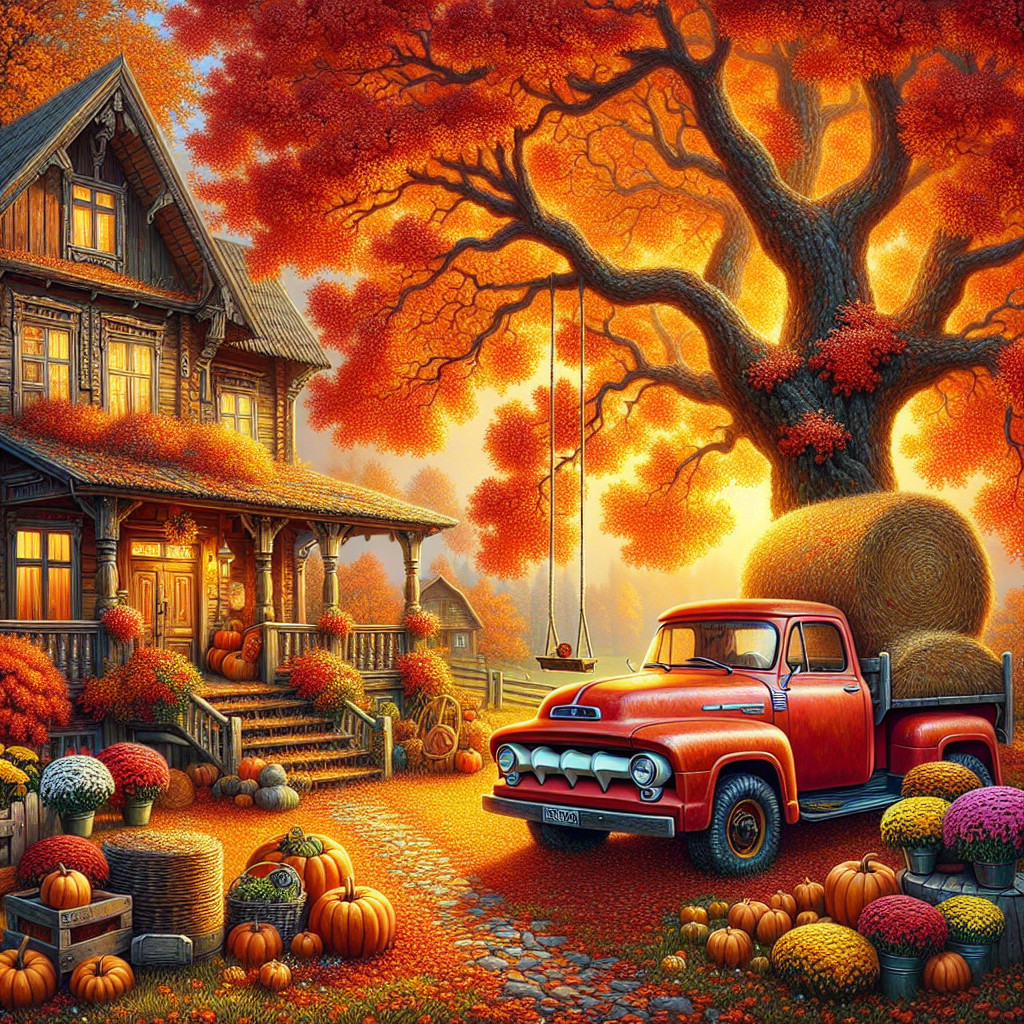 Rustic Wooden House in Vibrant Autumn Countryside Scene