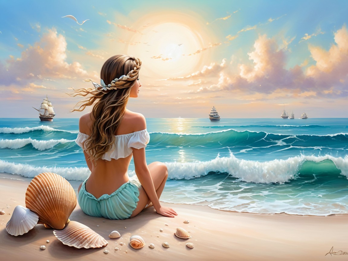 Serene Beach Scene with Young Woman at Sunset