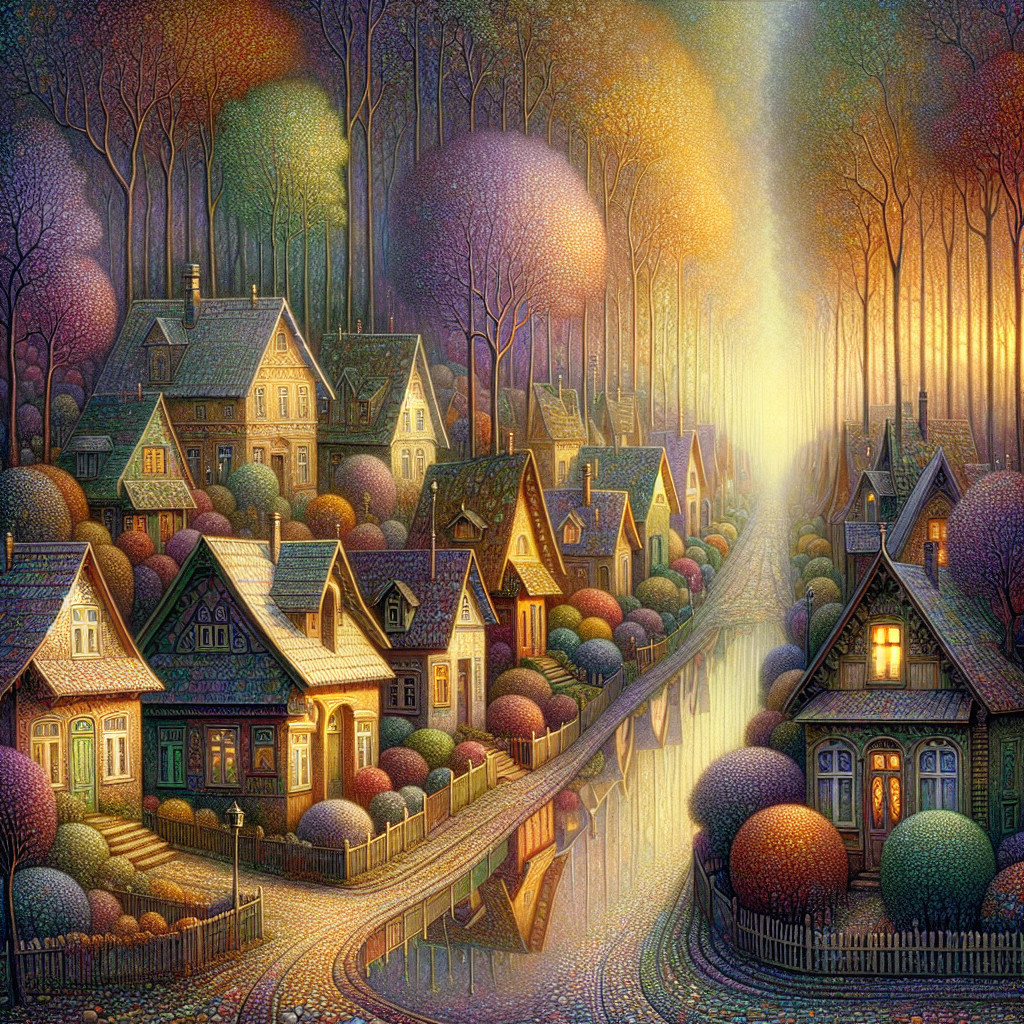 Whimsical Village in a Colorful Forest Setting