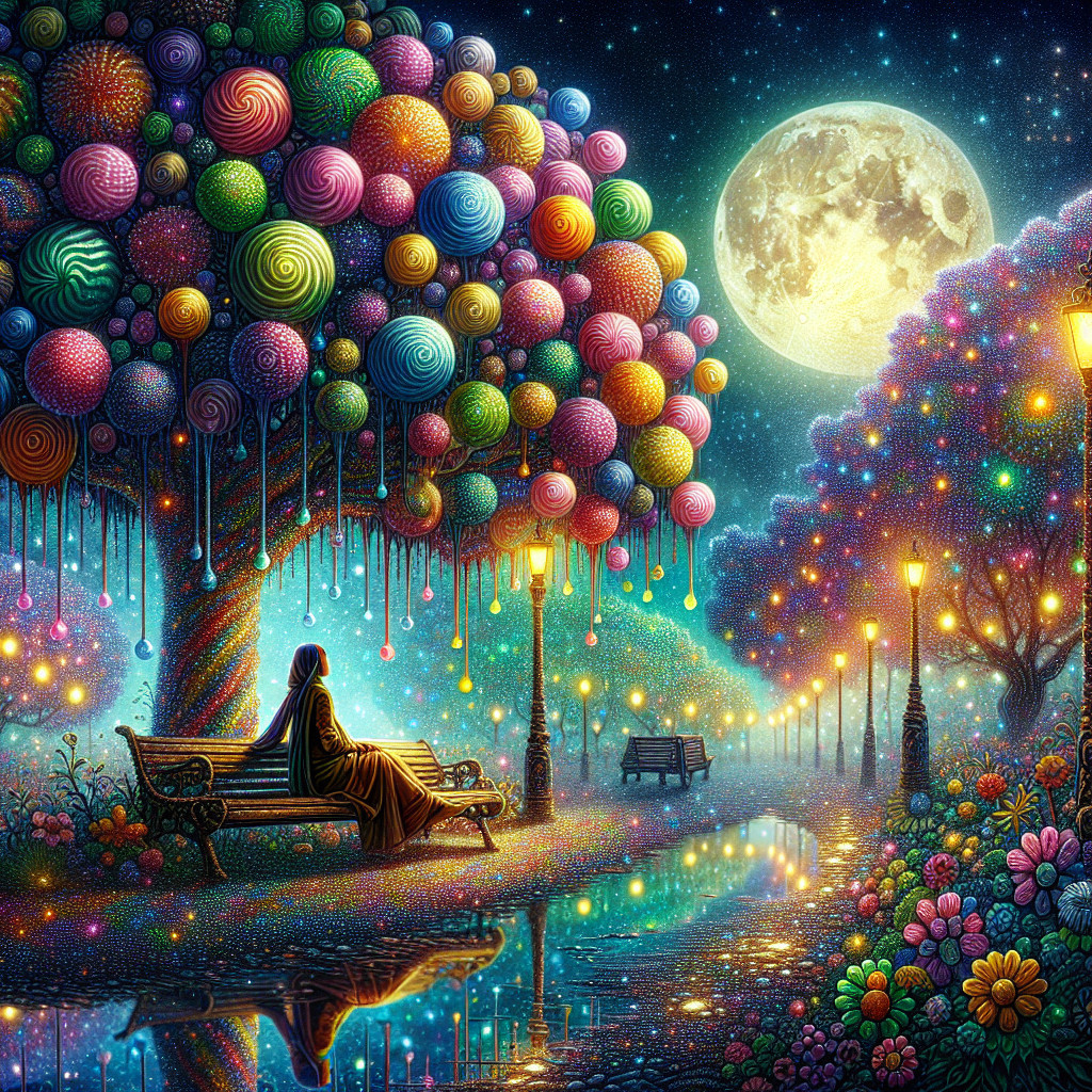 Serene Night Scene with Colorful Tree and Moonlight