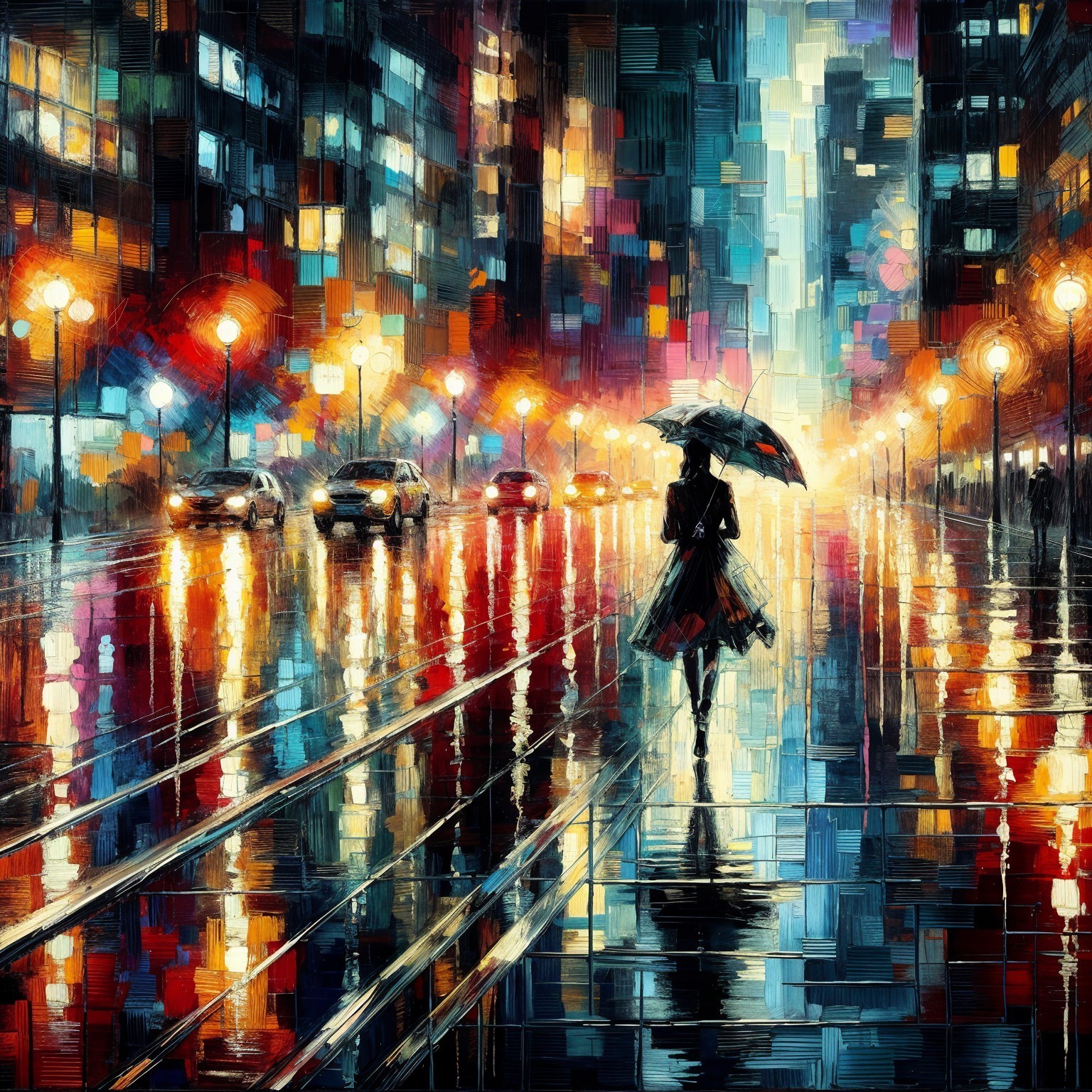 Vibrant Night Cityscape with Colorful Reflections