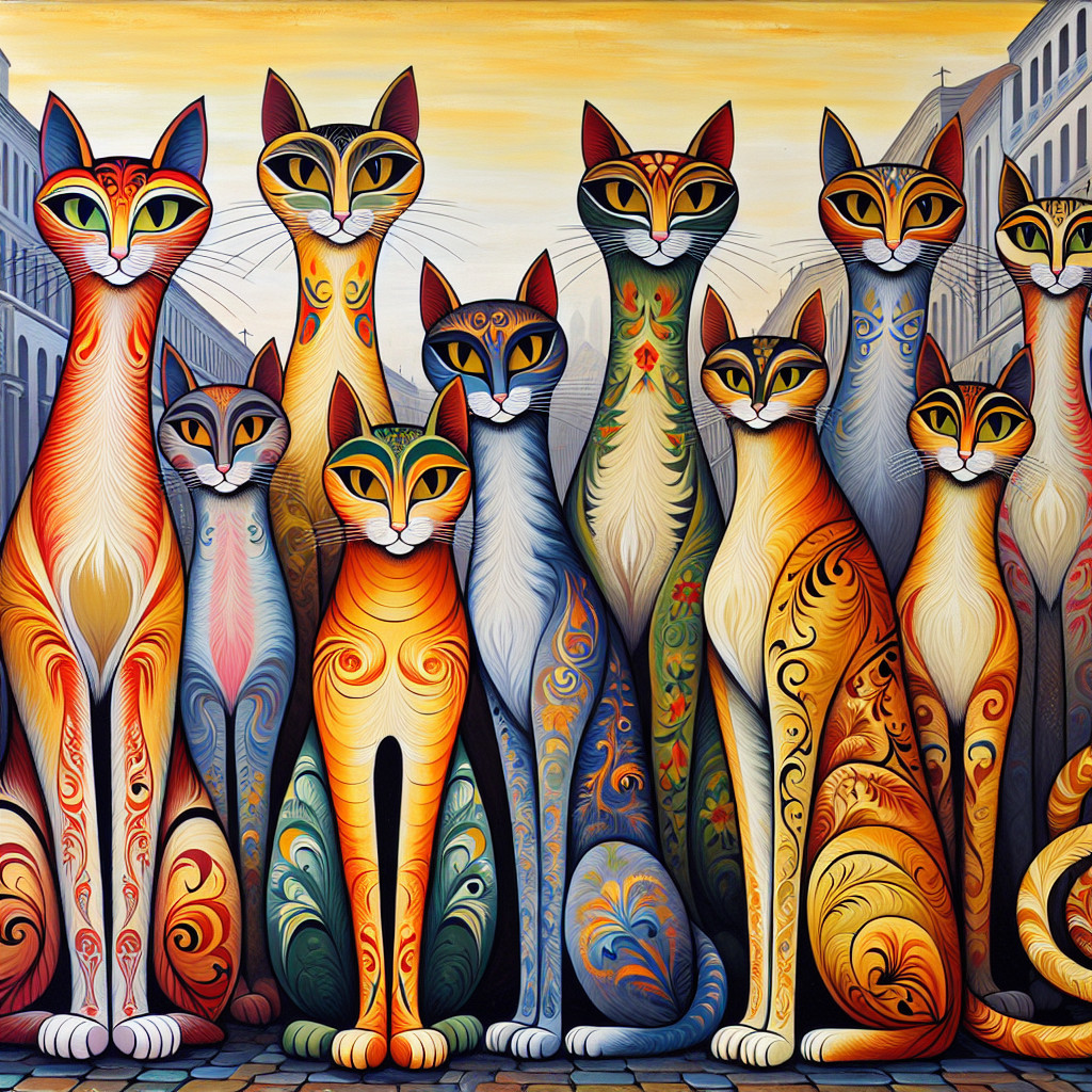 Stylized Cats in a Colorful Cityscape Gathering