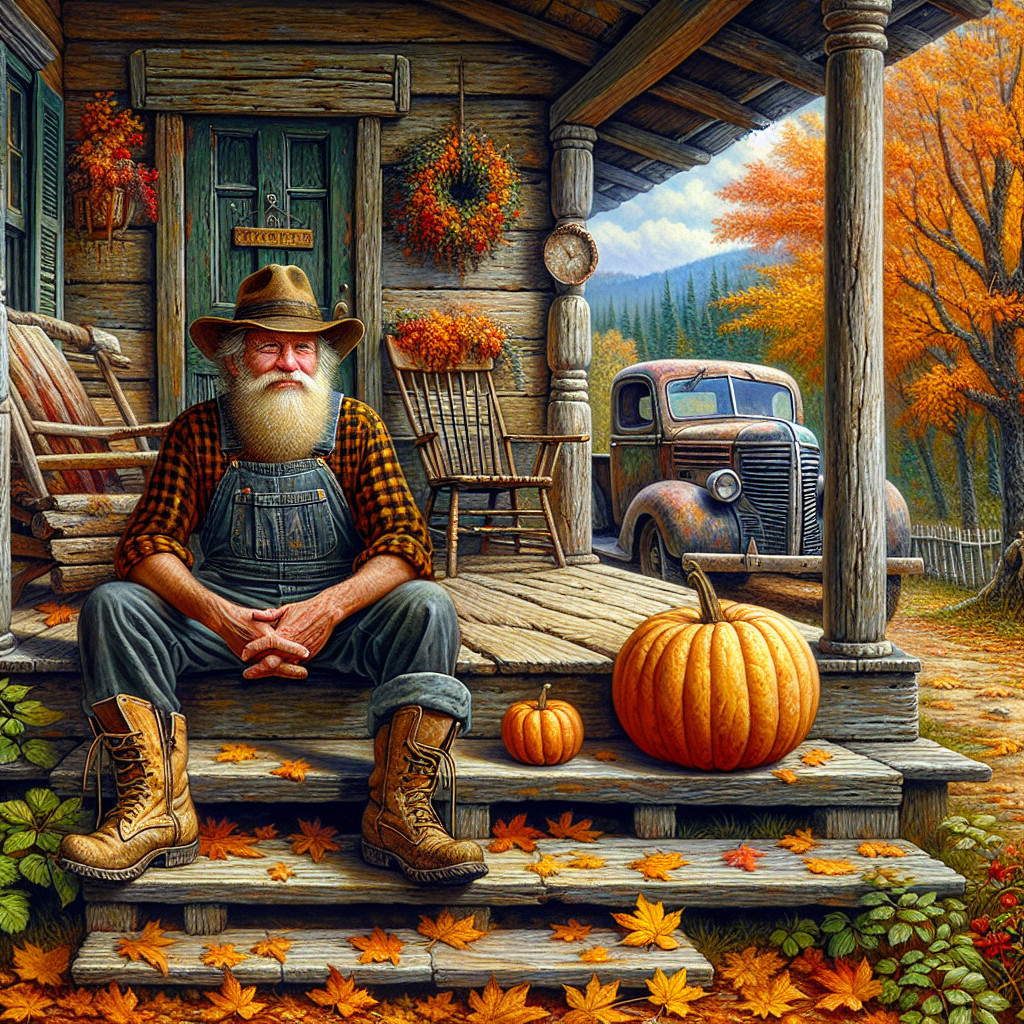 Rugged Man on Cabin Steps Surrounded by Autumn Decor
