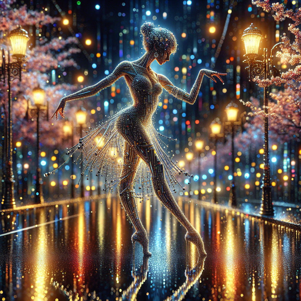 Futuristic Dance Scene on Rain-Soaked Street